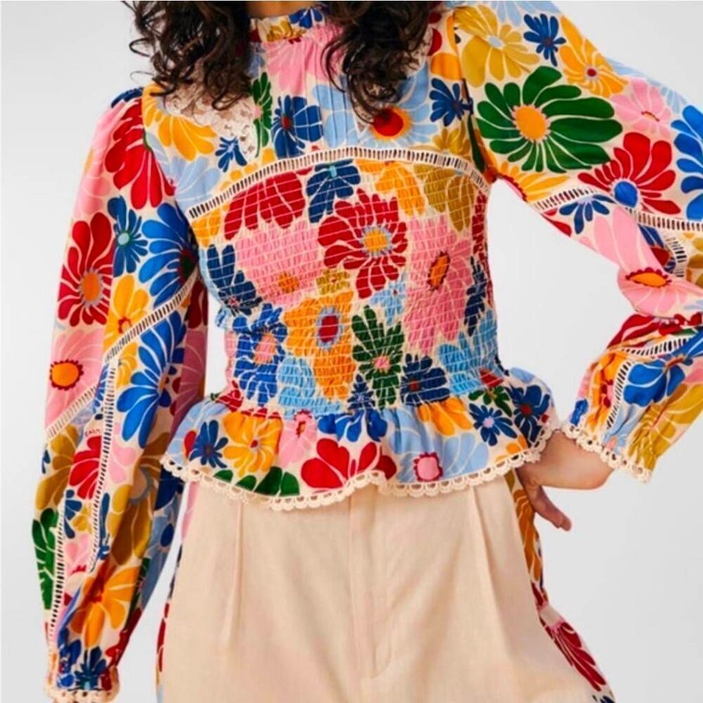 FARM Rio Sunny Daisies Smocked Cotton Peplum Blouse S